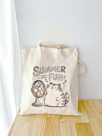 minimal cotton shoulder bag with cute cat print