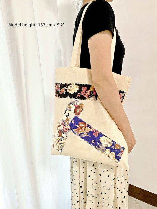 natural material tote bag with artisanal patchwork