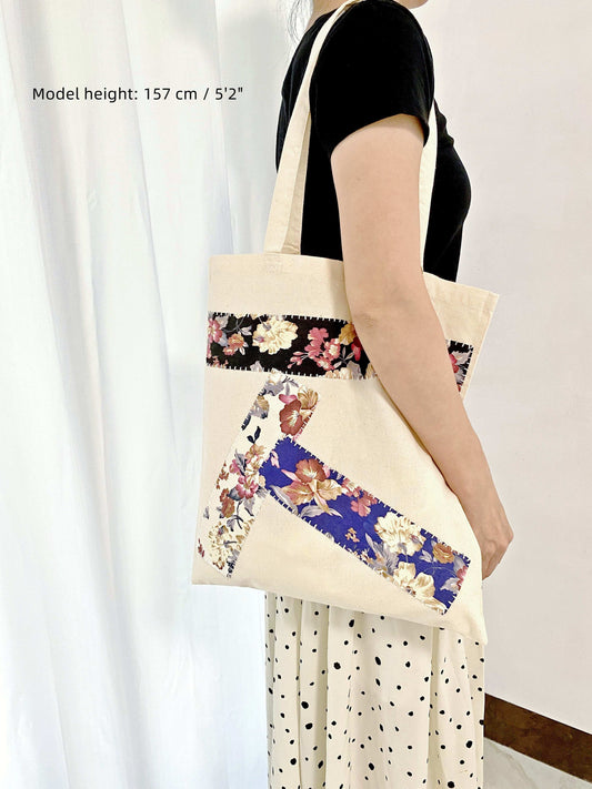 natural material tote bag with artisanal patchwork