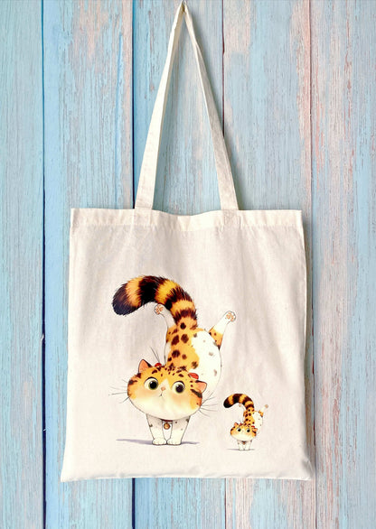 minimalist soft cotton shoulder bag with cute cat print for casual outings