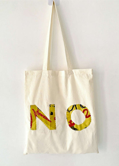 Cotton tote with handmade NO patch