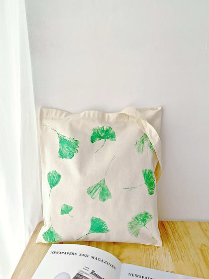 Relaxed style cotton shoulder bag with handmade print