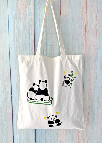 slow fashion cotton canvas bag with panda illustration