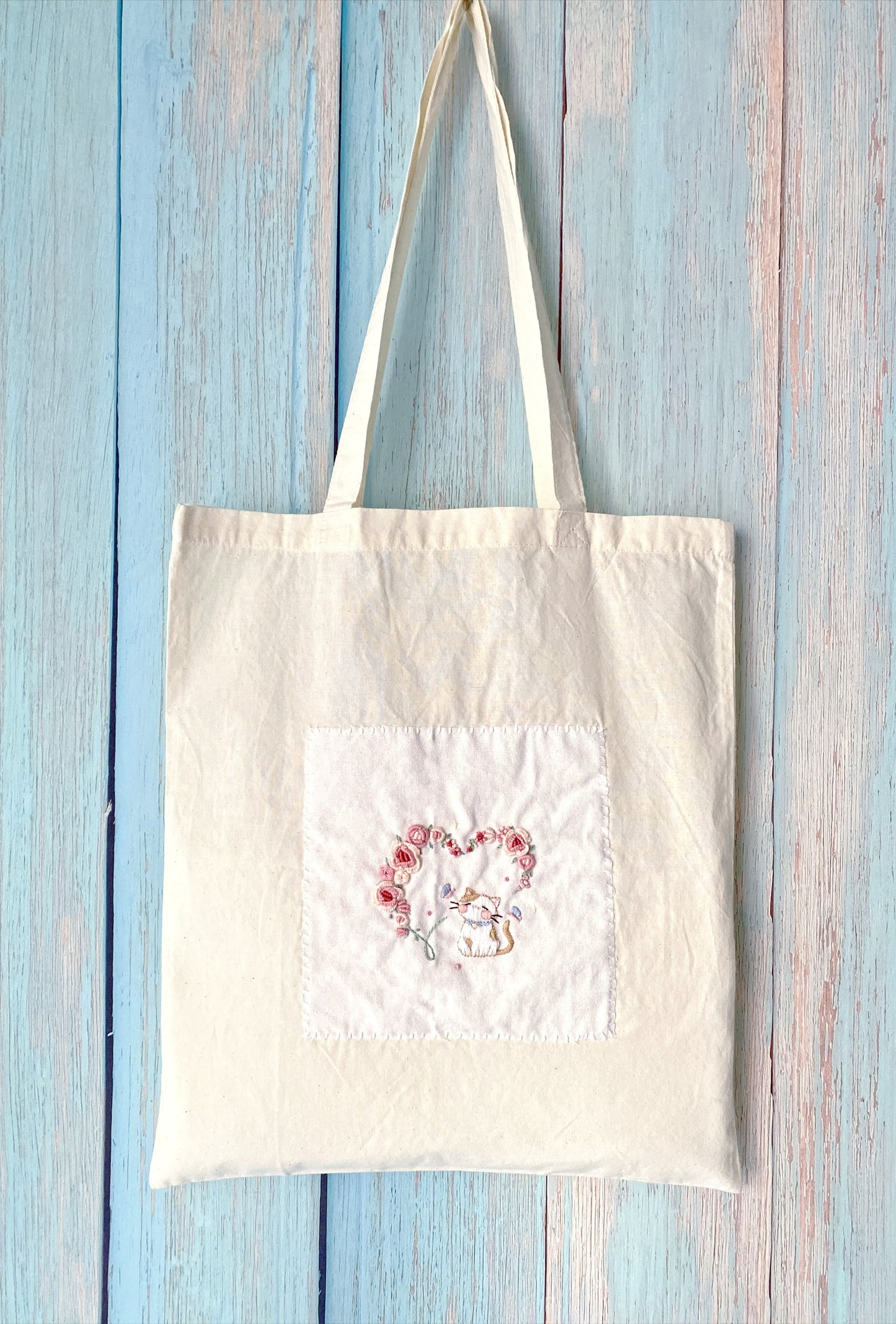 pink rose embroidery tote bag with cute kitty design