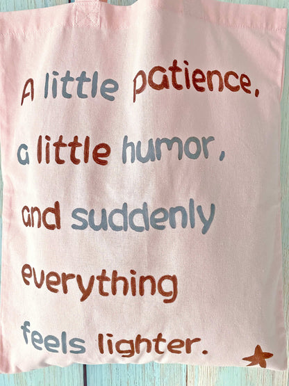 Gentle pink fabric tote with breathable natural fibers and a simple handwritten detail