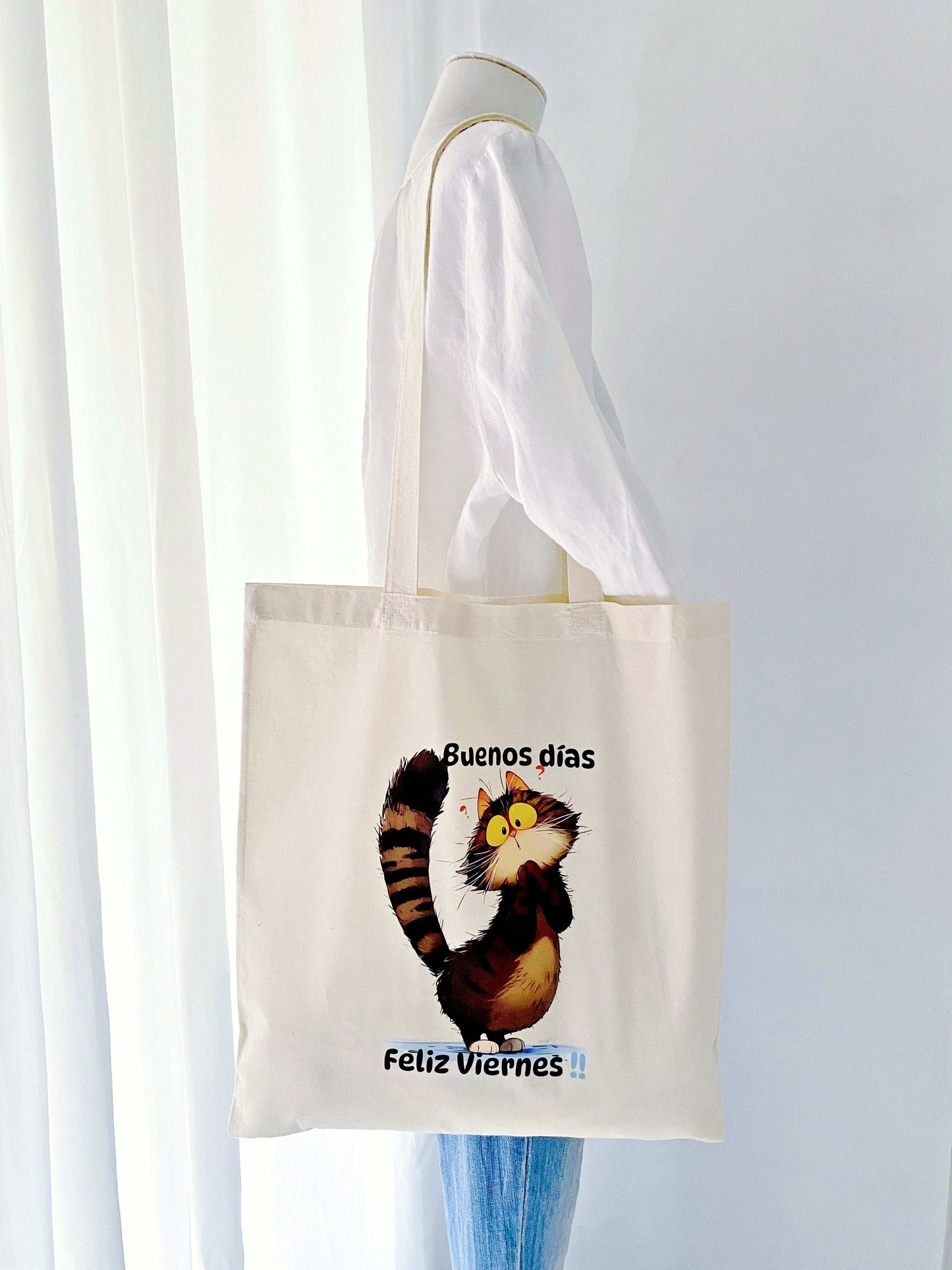 minimalist eco tote bag with playful cat art print for cat lovers