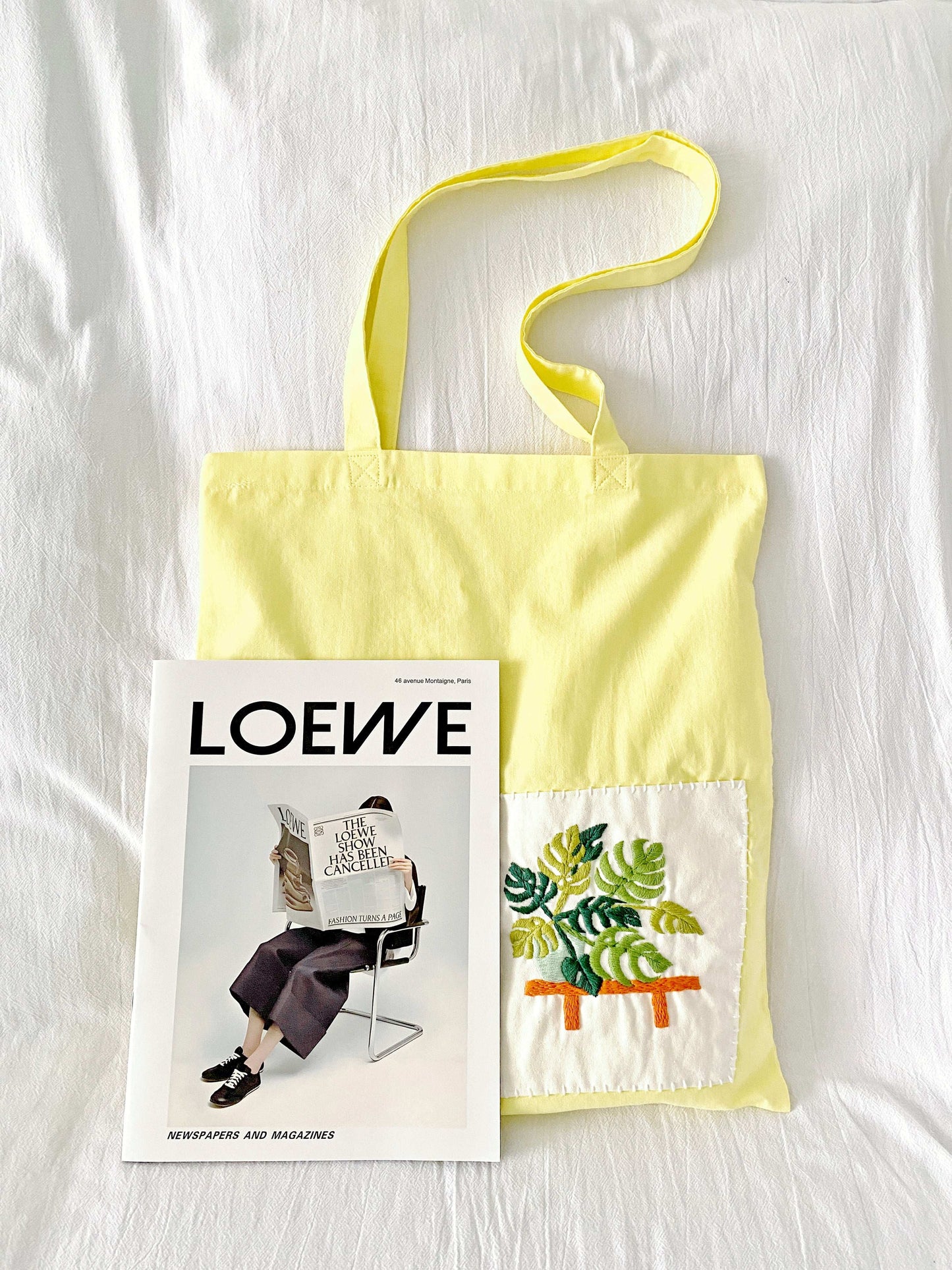 natural cotton tote with elegant stitched flowers