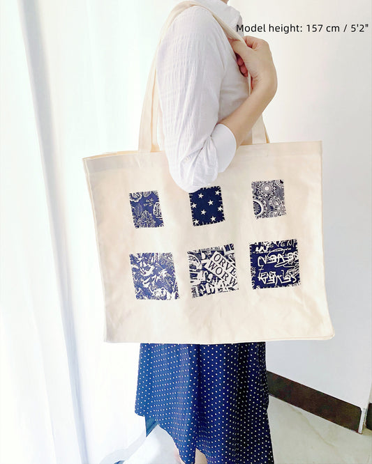 Slow Living Canvas Shoulder Bag with Artistic Patchwork Detail