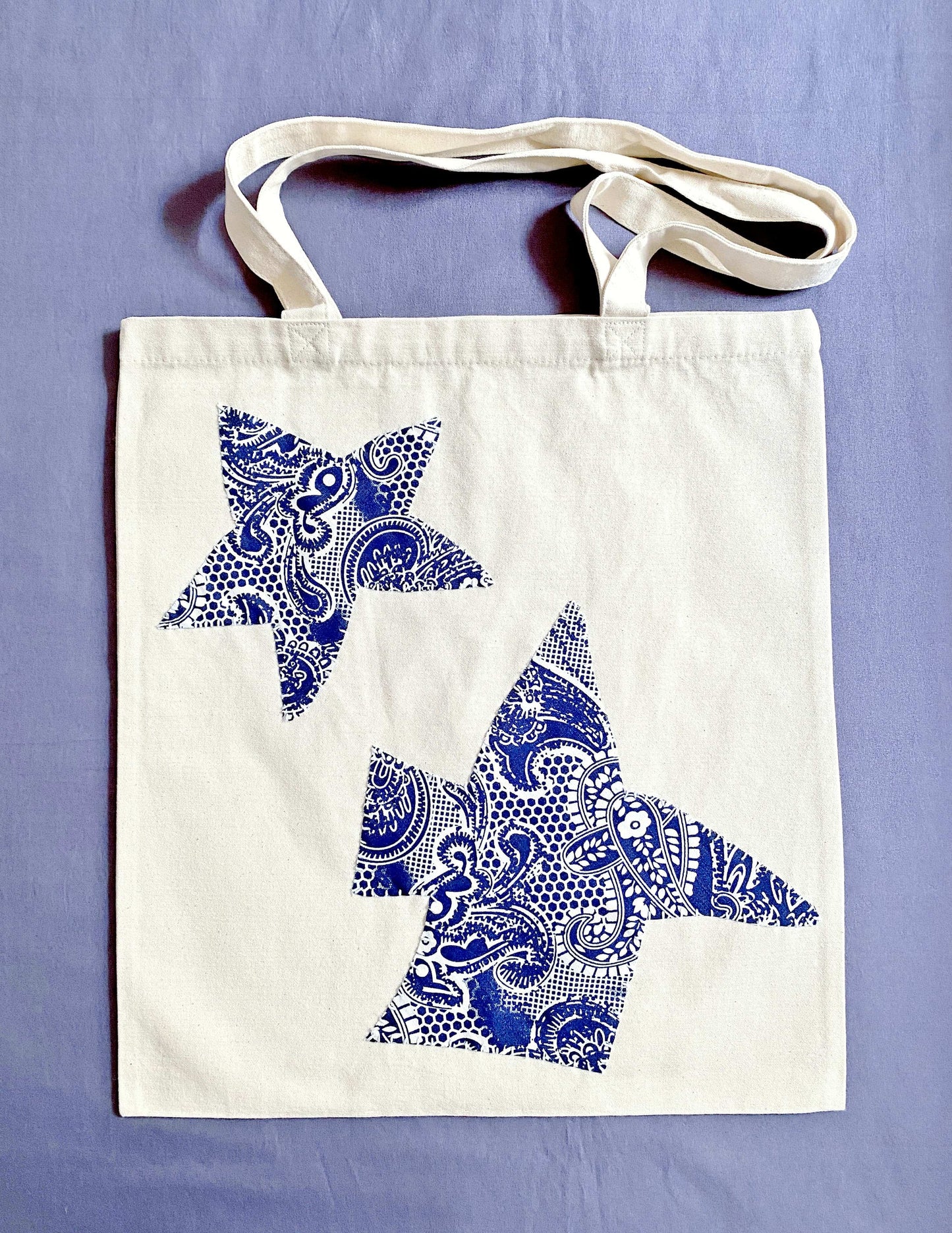 Hand-sewn patchwork inspired tote bag made with sustainable cotton canvas