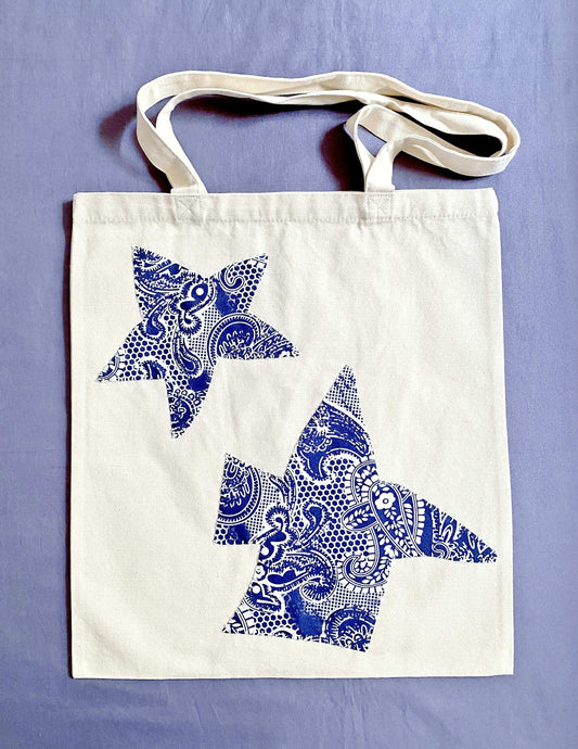 Hand-sewn patchwork inspired tote bag made with sustainable cotton canvas