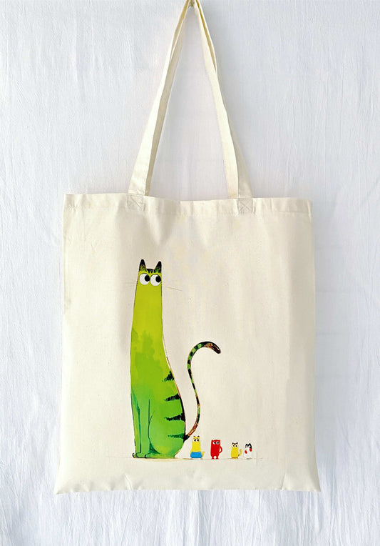 lightweight tote bag featuring hand-printed cat