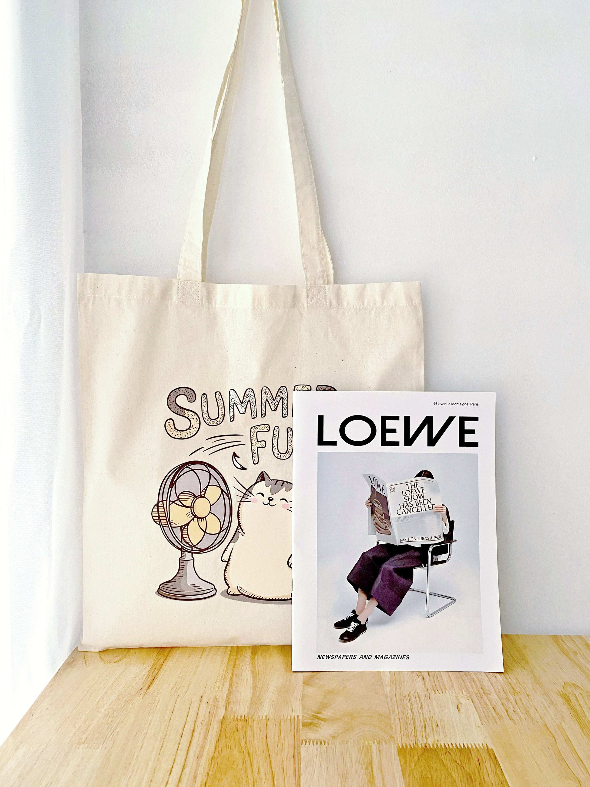 chic eco tote bag for women with cat illustration print
