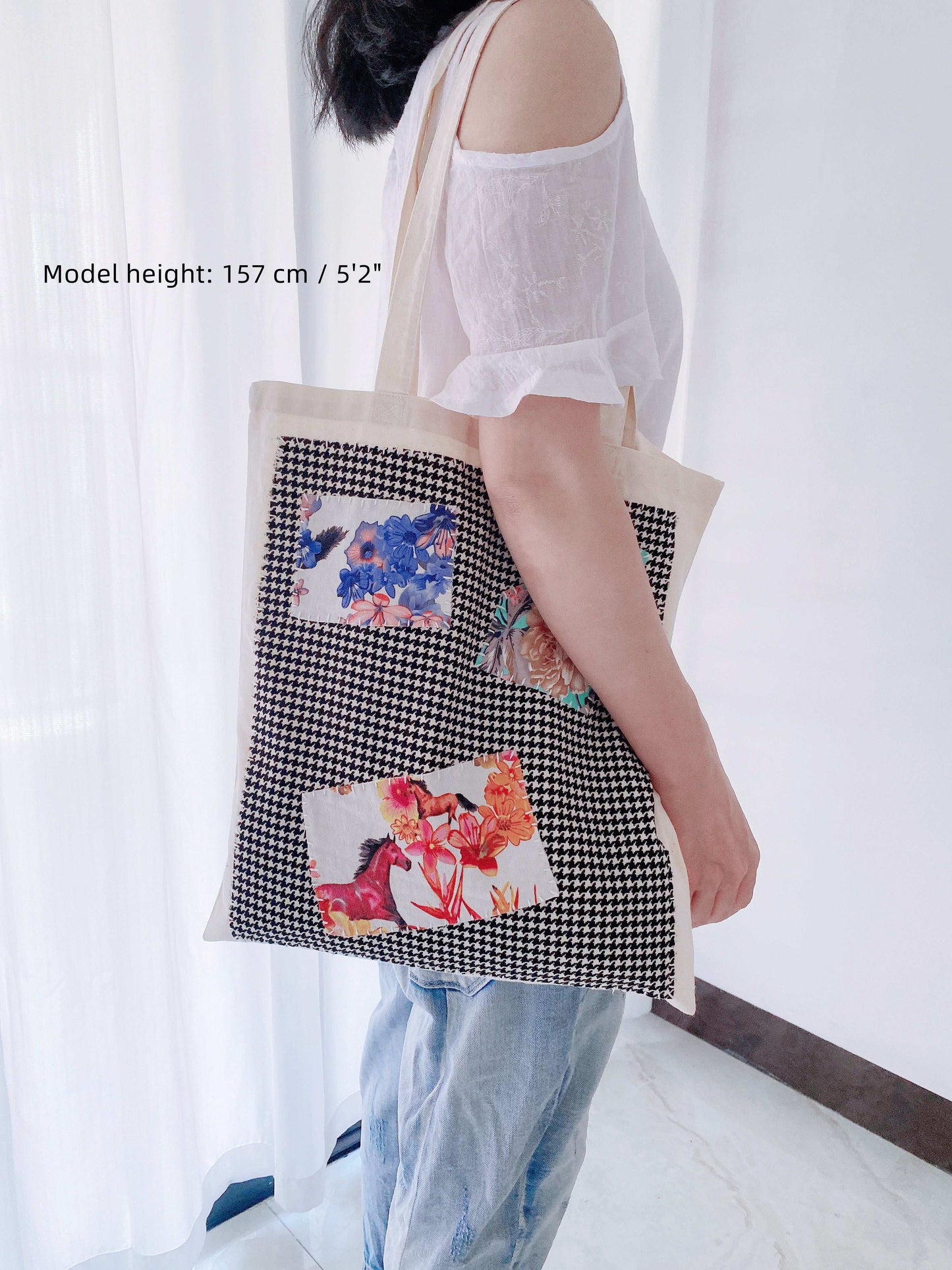 minimalist canvas tote with unique patchwork details