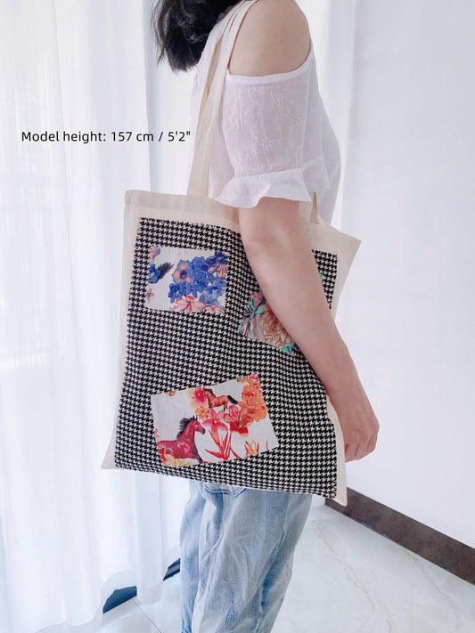 minimalist canvas tote with unique patchwork details