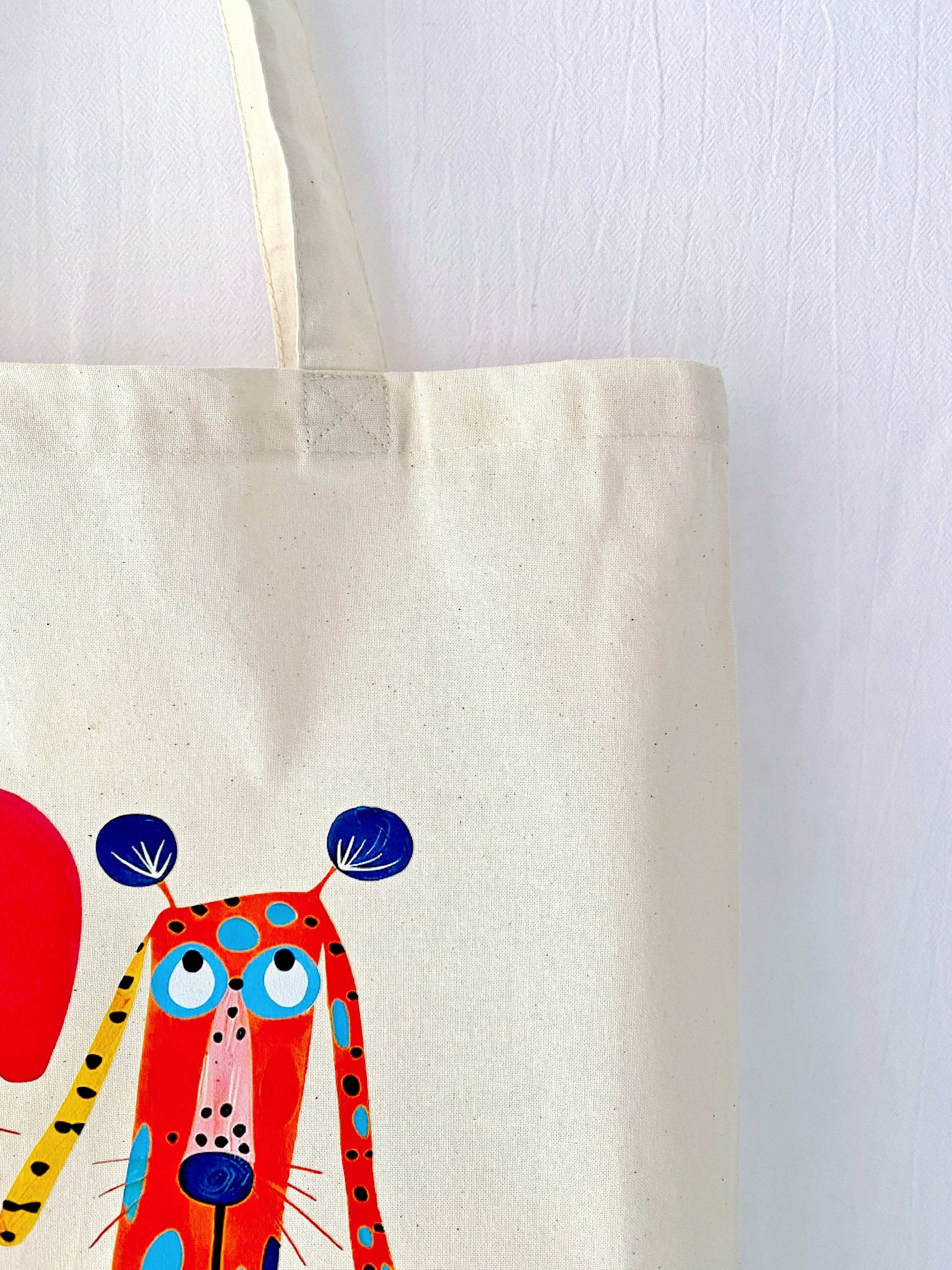 casual cotton tote bag with puppies graphic