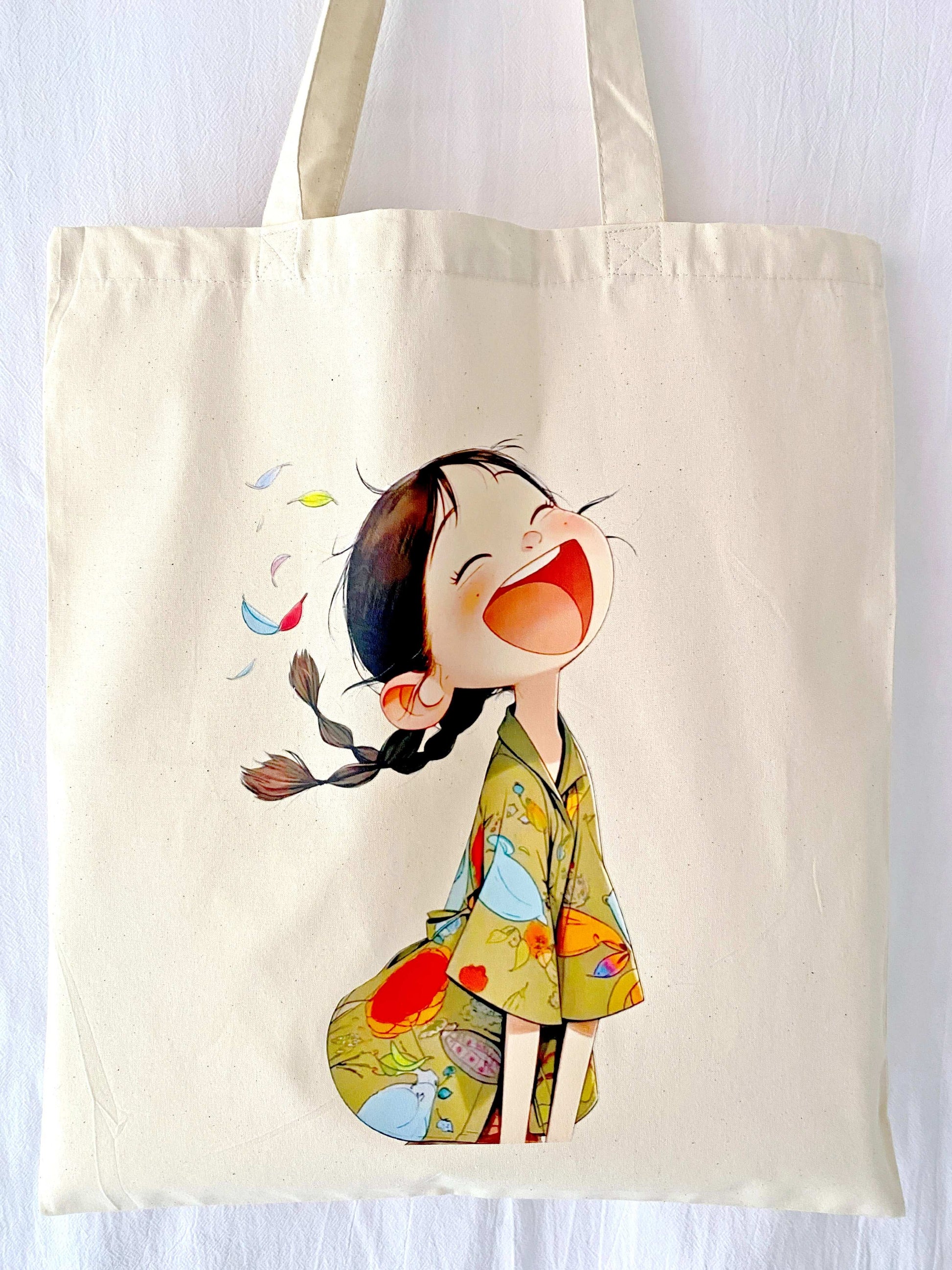 Soft foldable bag with happy girl illustration