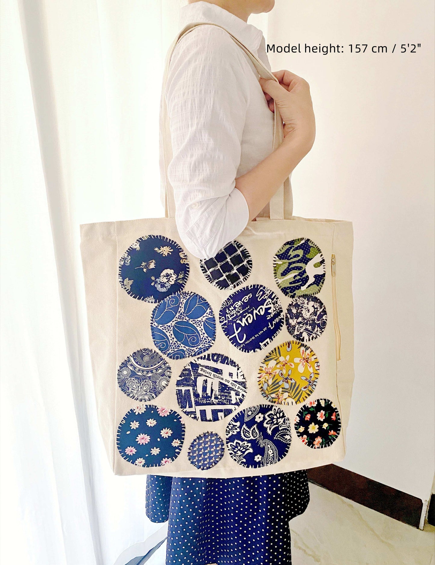 artistic patchwork design on eco canvas tote