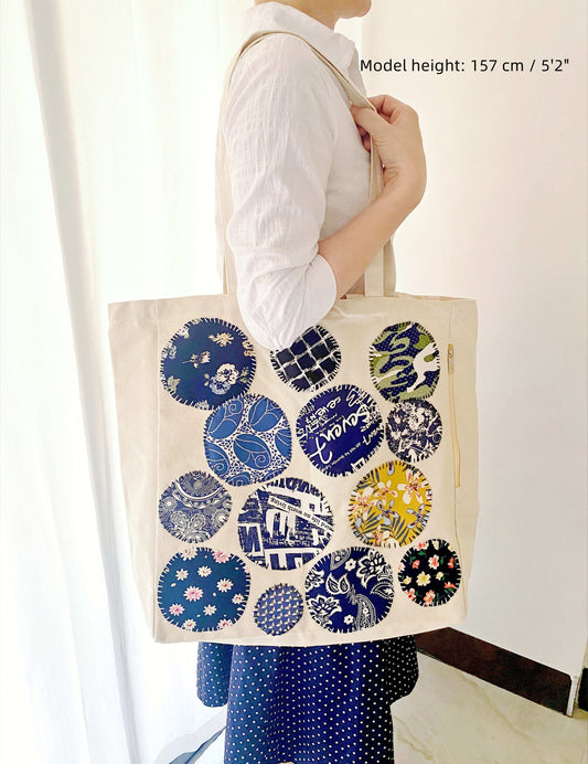 artistic patchwork design on eco canvas tote