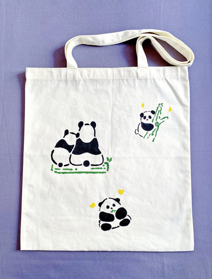 hand-printed panda tote for sustainable shopping