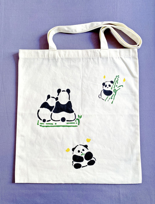 hand-printed panda tote for sustainable shopping
