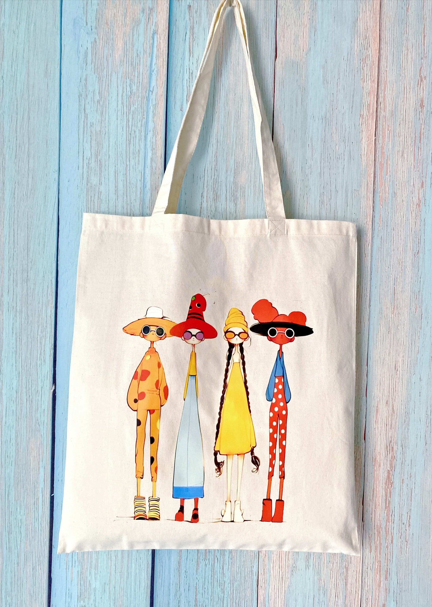 sustainable natural fabric tote bag with hand-printed design of four women of different skin tones, large capacity bag ideal for everyday use and ethical fashion lovers