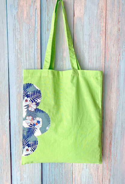 Relaxed minimalist tote bag with DIY patchwork art for modern slow living