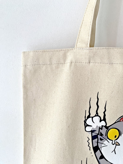 lightweight canvas tote with handmade cat art