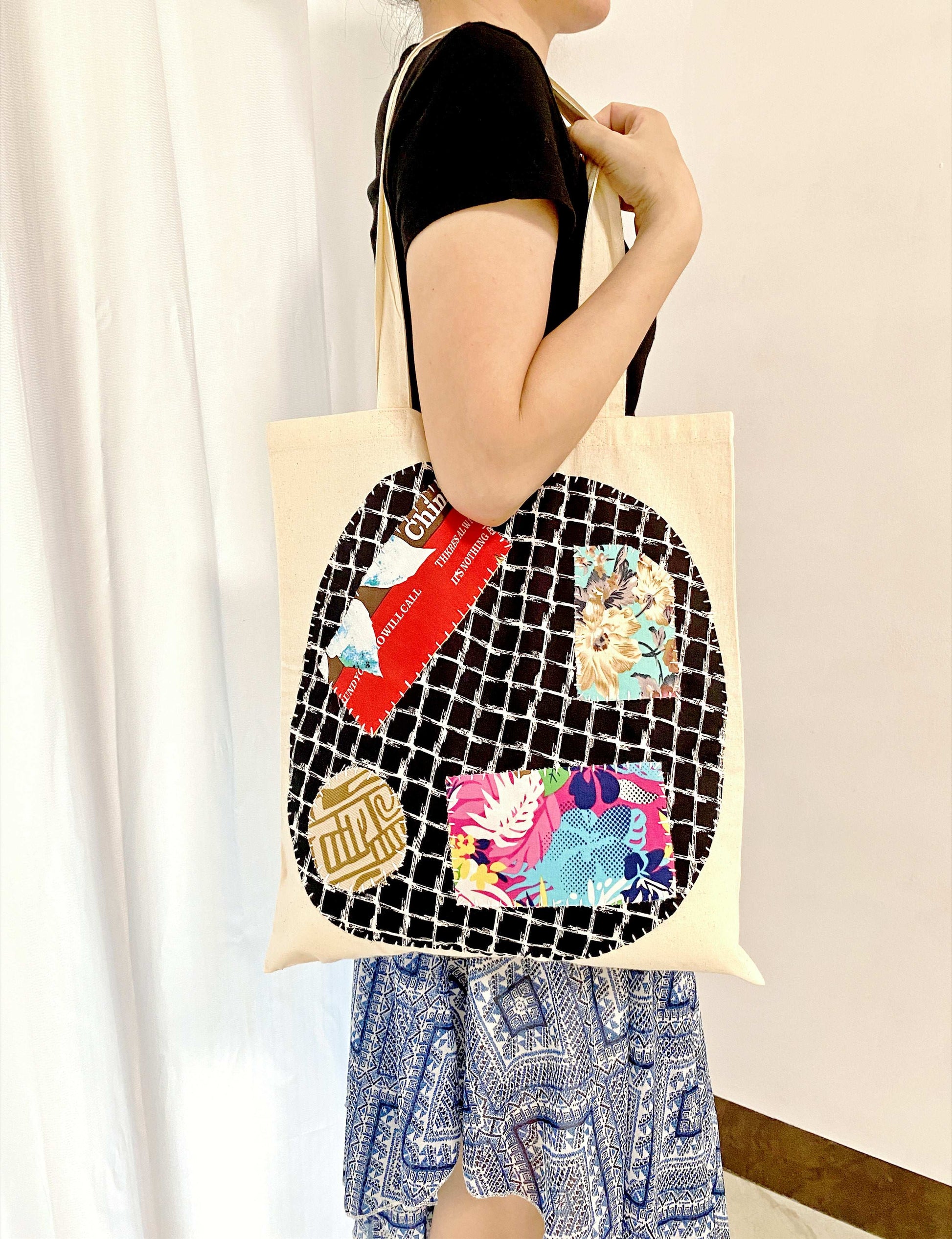 Boho minimalist bag with hand-sewn patchwork