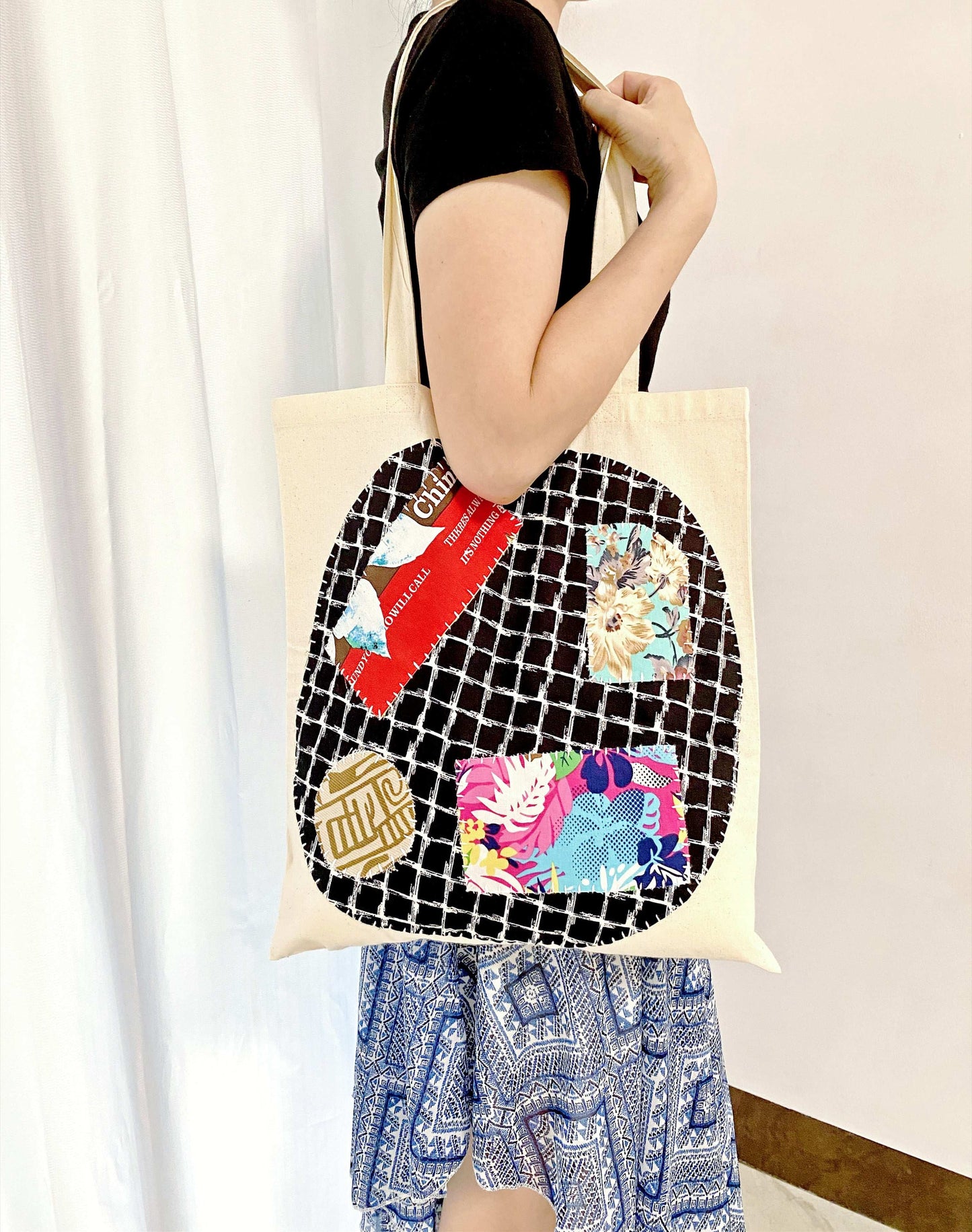 Boho minimalist bag with hand-sewn patchwork
