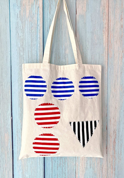 Minimalist handmade patchwork tote bag for coffee shop weekends and relaxed lifestyle