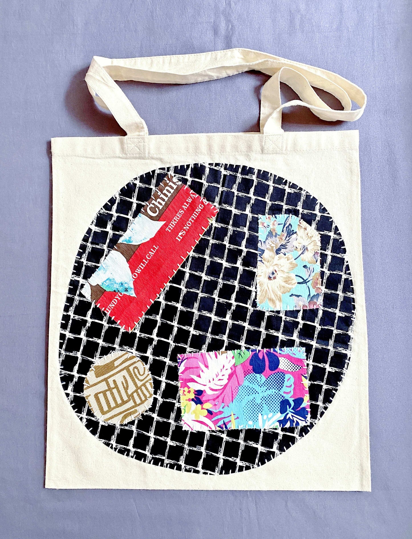 Minimalist eco canvas tote with DIY patchwork design for everyday use