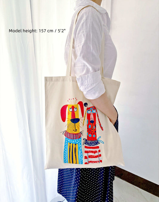 minimalist canvas tote with two puppies design