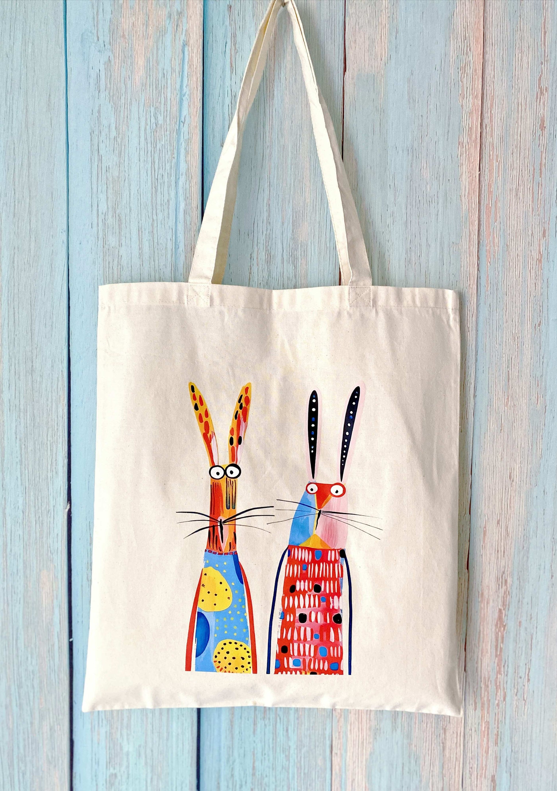 Minimalist sustainable cotton tote with hand-printed rabbits, large capacity everyday bag inspired by Parisian eco fashion