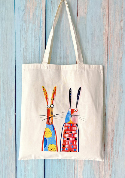 Minimalist sustainable cotton tote with hand-printed rabbits, large capacity everyday bag inspired by Parisian eco fashion