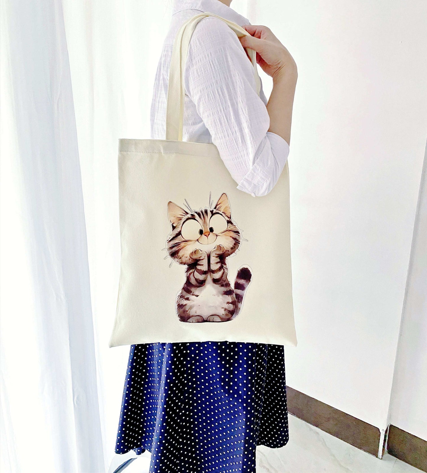 unique canvas bag with hand-printed cat artwork