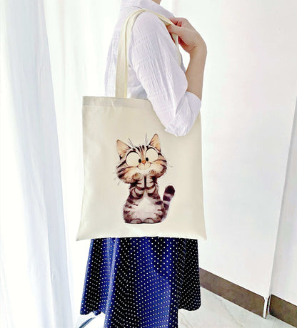 unique canvas bag with hand-printed cat artwork